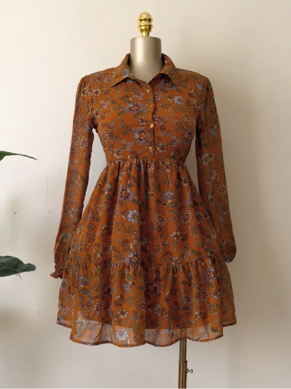 Fall Burnt Orange & Brown Floral Paisley Boho Baby Doll Tiered Ruffle Mini Dress
